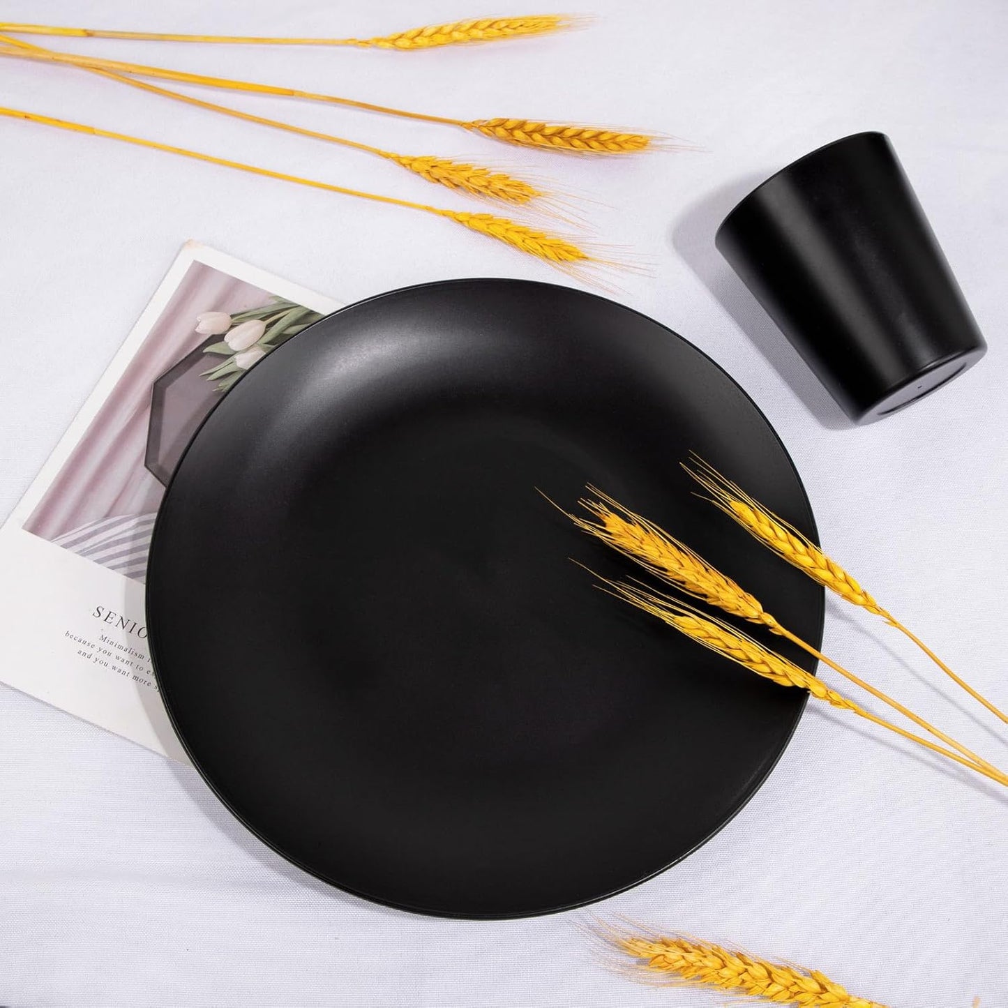 Supernal 32pcs Black Wheat Straw Dinnerware Sets with 25pcs Linen Napkins,Plates and Bowls Sets for 8,Black Plastic Dinnerware Sets, Microwave Dishwasher Safe Plates, Dishes Set for 8