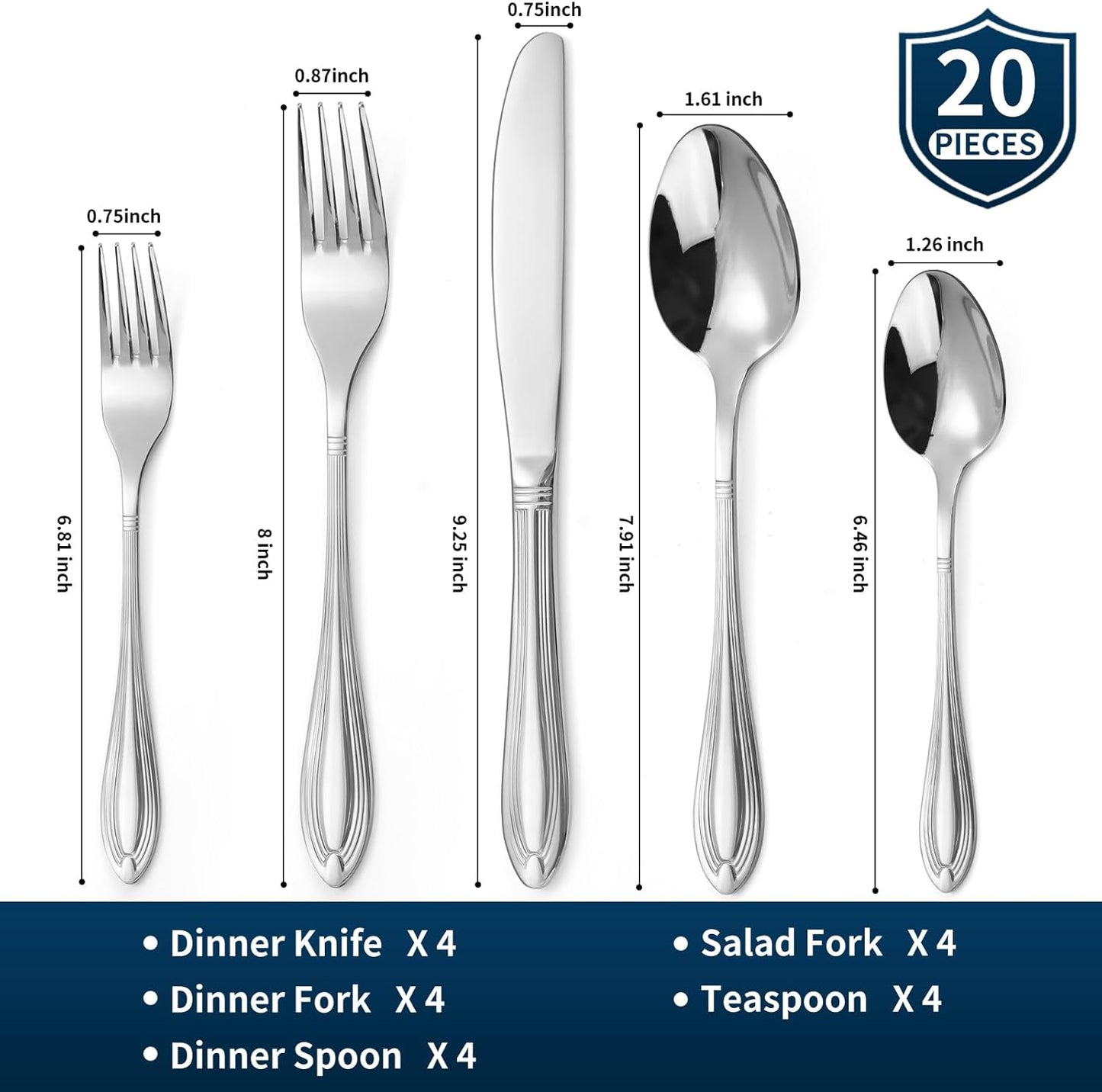 Silverware Set for 4, 20-Piece Flatware Set Include Spoons And Forks Set, Stainless Steel Cutlery Set with Line Pattern, Mirror Polished, Dishwasher Safe.