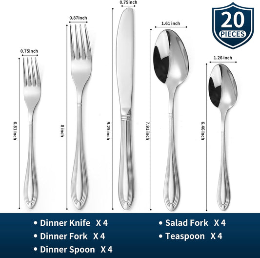 Silverware Set for 4, 20-Piece Flatware Set Include Spoons And Forks Set, Stainless Steel Cutlery Set with Line Pattern, Mirror Polished, Dishwasher Safe.