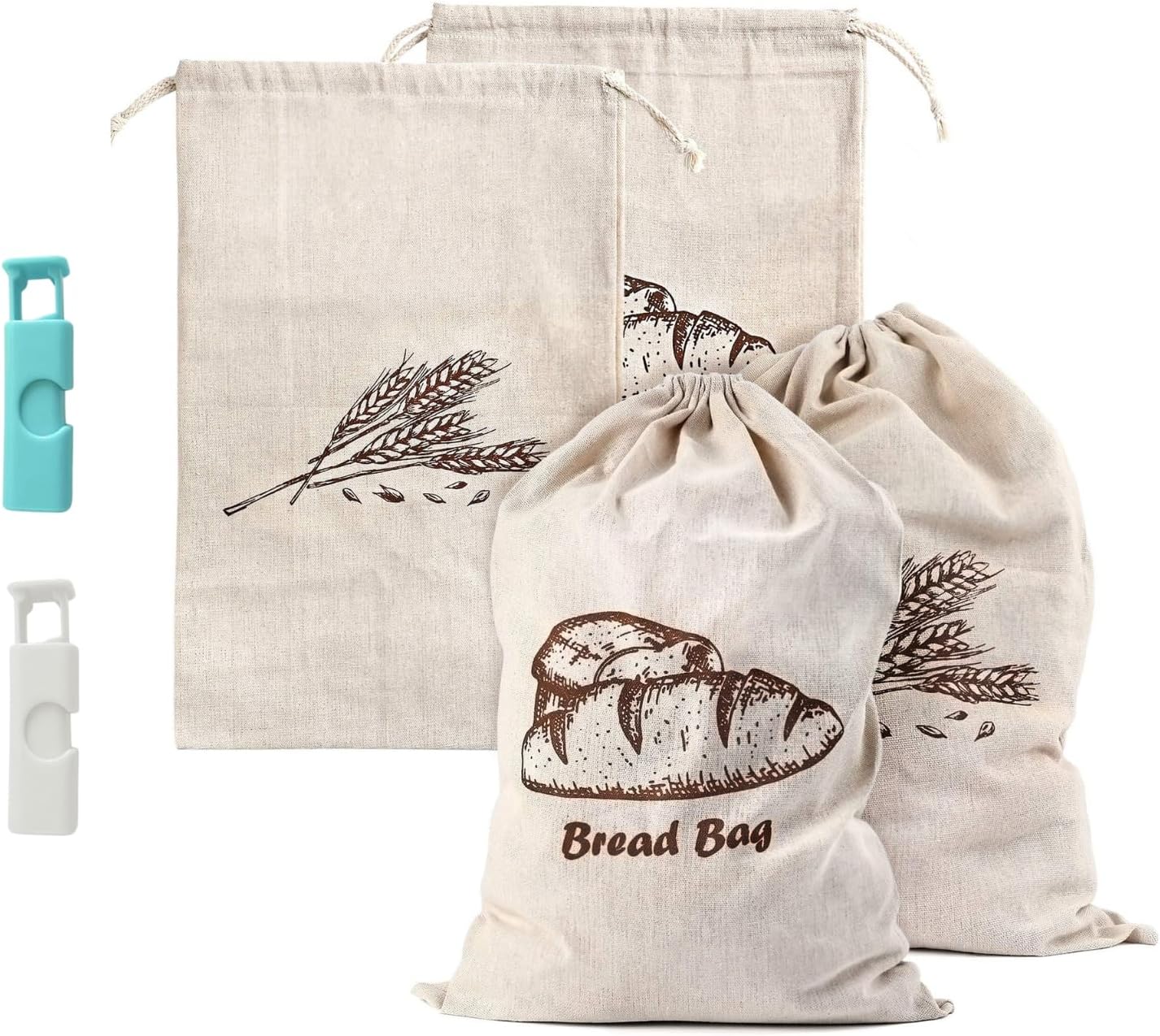 Bread Bags, 2-Packs Linen Bun Bags for Homemade Container, 17.3×11.6 Inches Unbleached&Reusable Loaf&Baguette Storage,Natural Large Storage for Artisan Roll,With 2 pieces Bread Clips