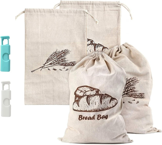 Bread Bags, 2-Packs Linen Bun Bags for Homemade Container, 17.3×11.6 Inches Unbleached&Reusable Loaf&Baguette Storage,Natural Large Storage for Artisan Roll,With 2 pieces Bread Clips