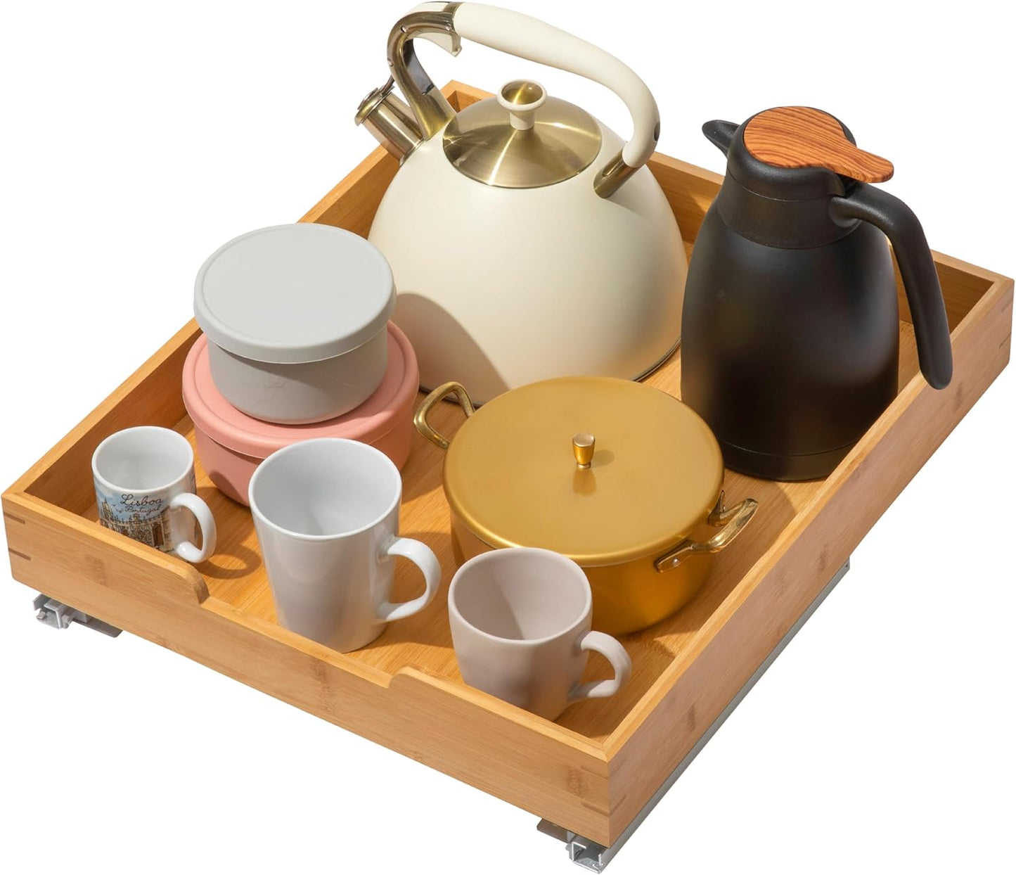 HOLDN’ STORAGE Bamboo Wooden Pull out Cabinet Organizer. 17" W x 21" D - Requires At Least a 18.25" W x 21" D.Cabinet Opening. W/Lifetime Limited Warranty. Bamboo Tray and Heavy gauge metal rails.