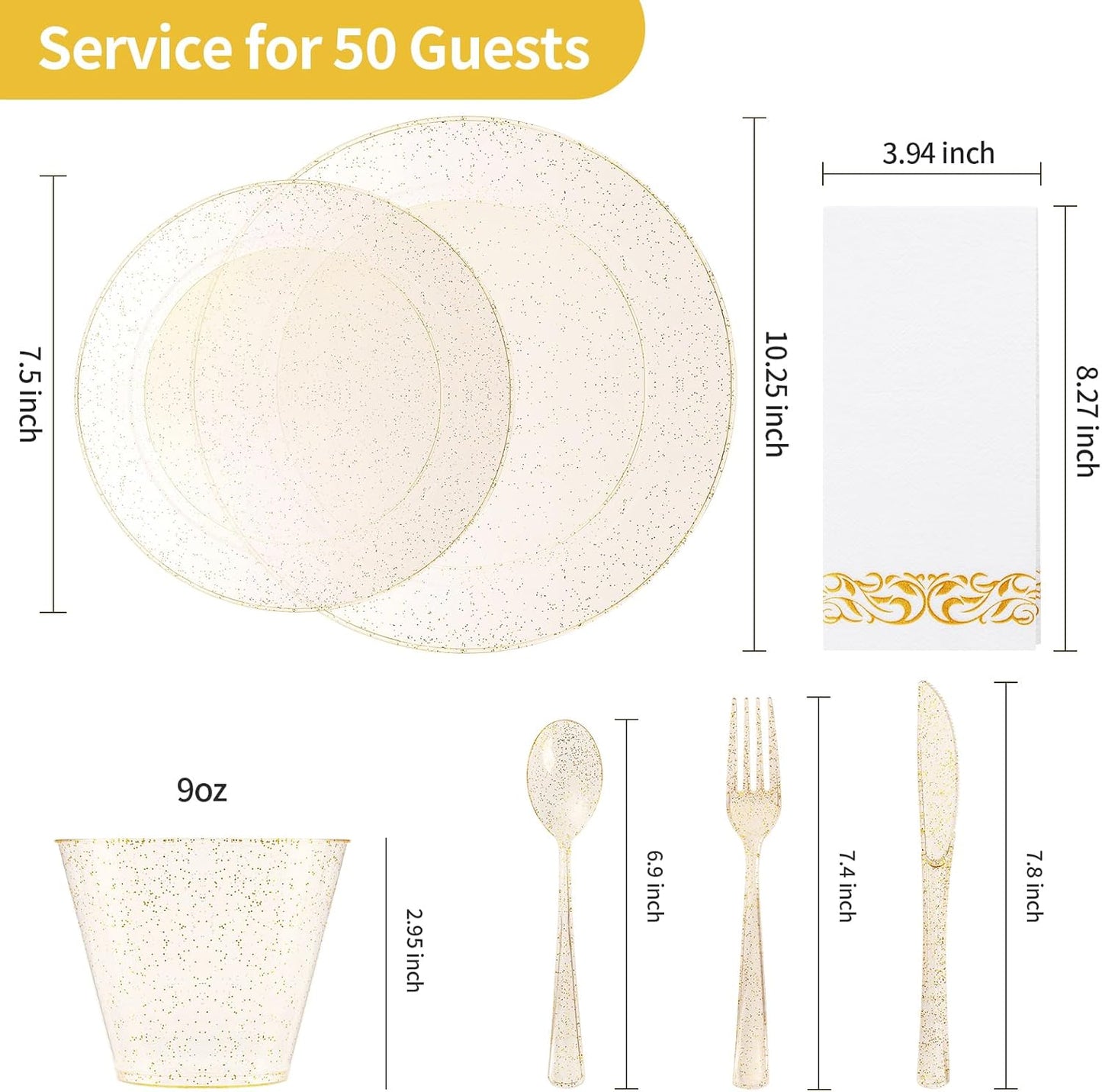 Goodluck 350 Piece Dinnerware Set for 50 Guests, Plastic Plates Disposable for Party, Include: 100 Gold Glitter Plastic Plates, 50 Paper Napkins, 50 Cups, 50 Gold Glitter Plastic Silverware Set