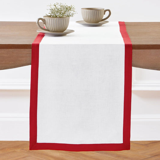 Solino Home Linen Table Runner 90 Inches Long - 100% Pure Linen Red and White Dining Table Runner 14 x 90 Inch for Christmas, Holiday - Classic