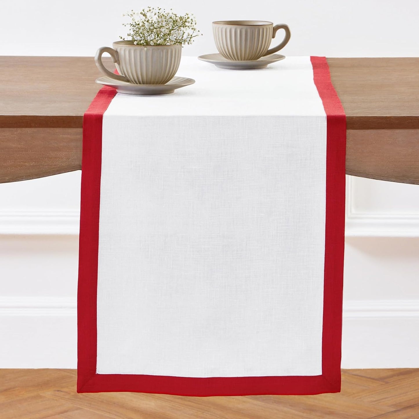 Solino Home Linen Table Runner 60 Inches - 100% Pure Linen Red and White Table Runner 14 x 60 Inch Ideal for Dresser and Coffee Tables - Classic - Christmas, Holiday