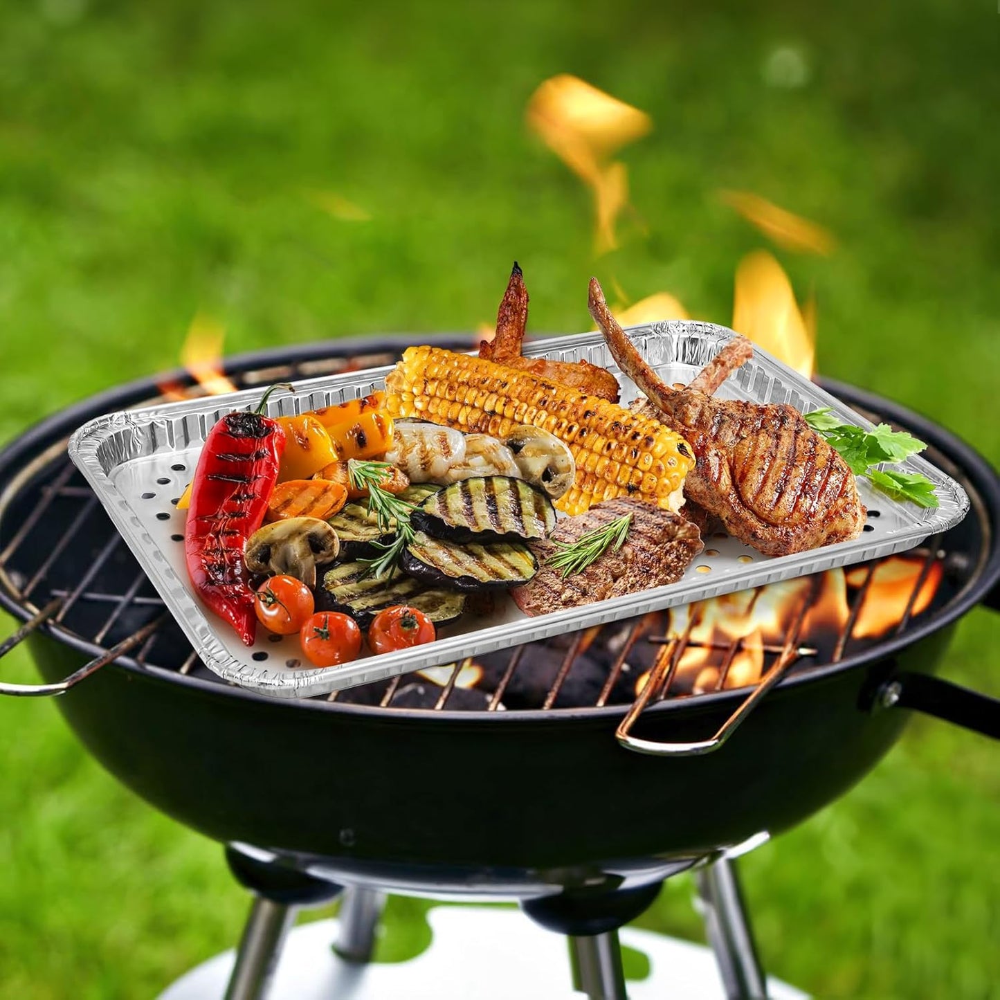 Frcctre 25 Pack Disposable Aluminum Grill Pans, 16 x 12 Inch Large Aluminum Broiler Pans Foil Grill Trays Topper Pan Sheet Pan with Holes for for Outdoor Cooking and Camping, BBQ