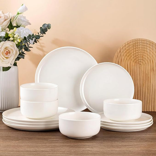 LERATIO Stoneware Dinnerware Sets for 4,Handcarft Ceramic Plates and Bowls Sets,Chip and Scratch Resistant Dishes, Dishwasher & Microwave Safe, Oven safe,Reactive Glaze-White