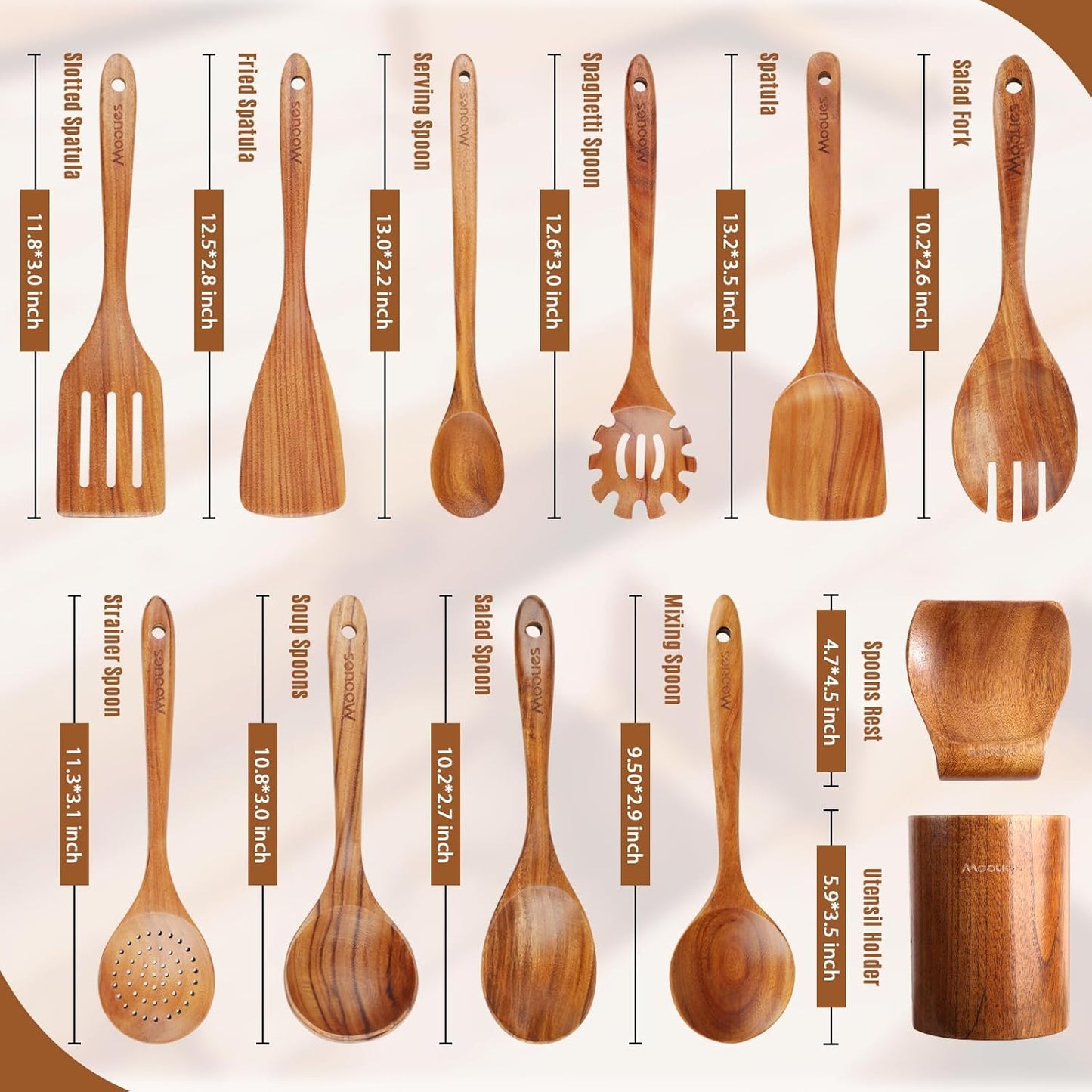12 Piece Wooden Spoons for Cooking, Wooden Utensils for Cooking with Utensils Holder, Natural Teak Wooden Kitchen Utensils Set with Wooden Spoon Rest, Comfort Grip