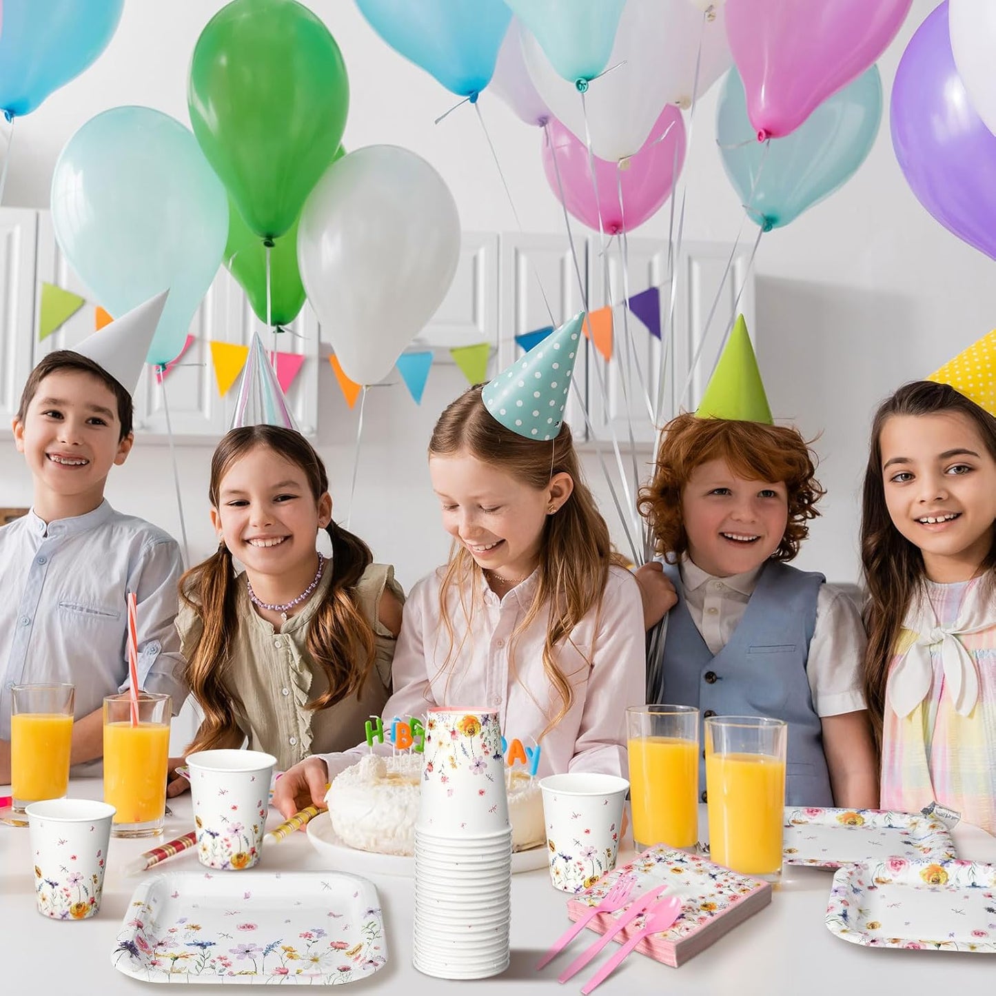 350 Pcs Paper Plates and Napkins Set Disposable Dinnerware Party Supplies Tableware Serve 50 Guest Cups Knife Forks Spoon(Pink,Wildflower)