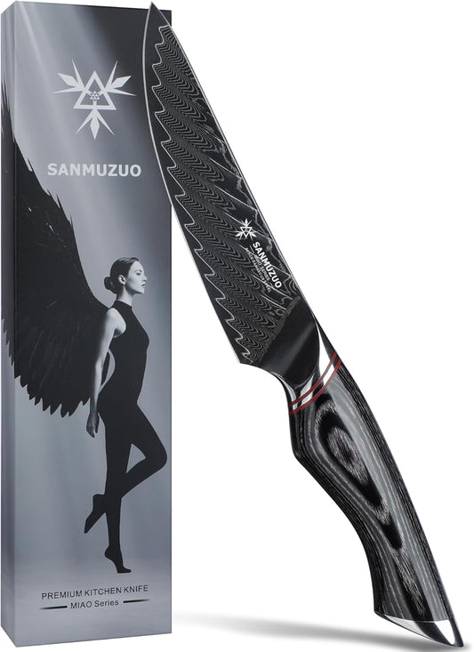 5 Inch Utility Knife - Fruit and Vegetable Knives, Black Damascus Steel with Ergonomic Handle - MIAO Series