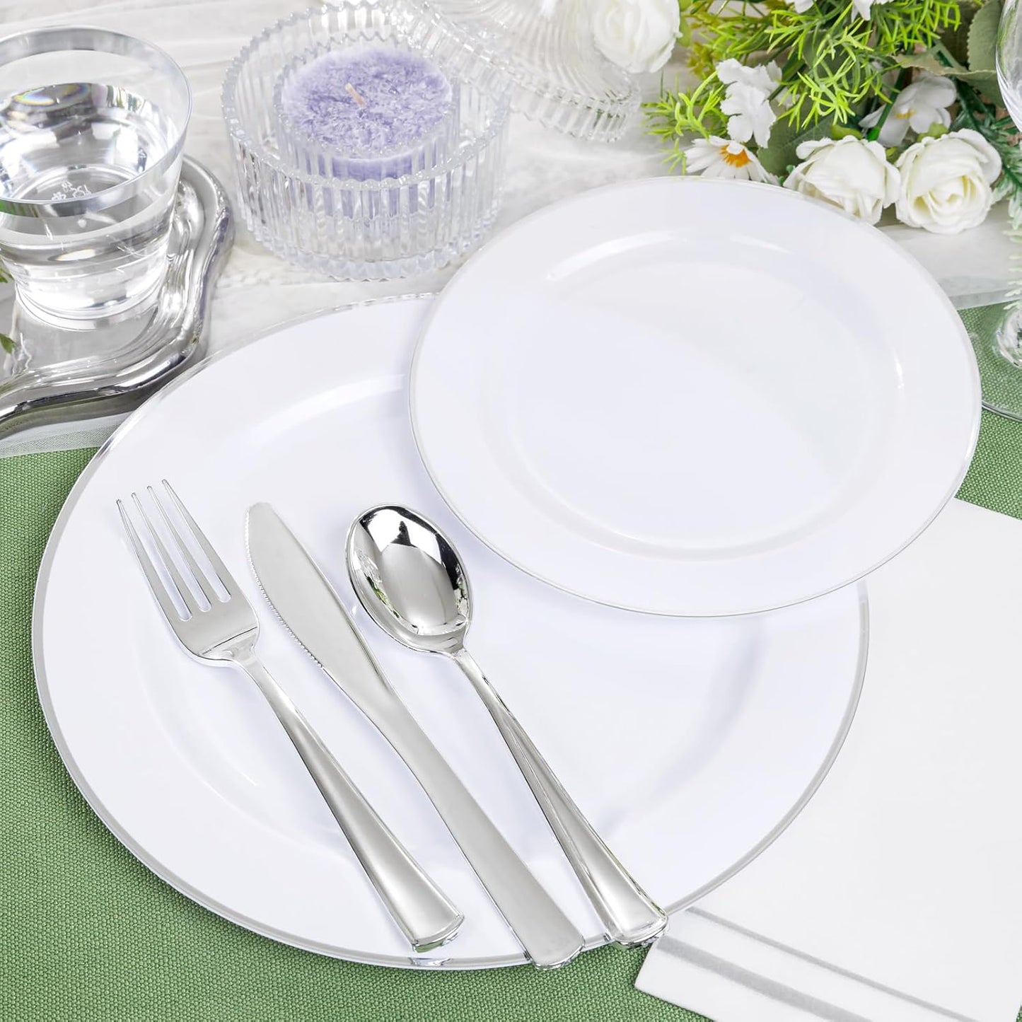SUT 175 Piece Silver and White Plastic Dinnerware Set for 25 Guests, Disposable Plastic Plates, Include: 25 Dinner Plates, 25 Dessert Plates, 25 Pre Rolled Napkins with Silver Silverware, 25 Cups