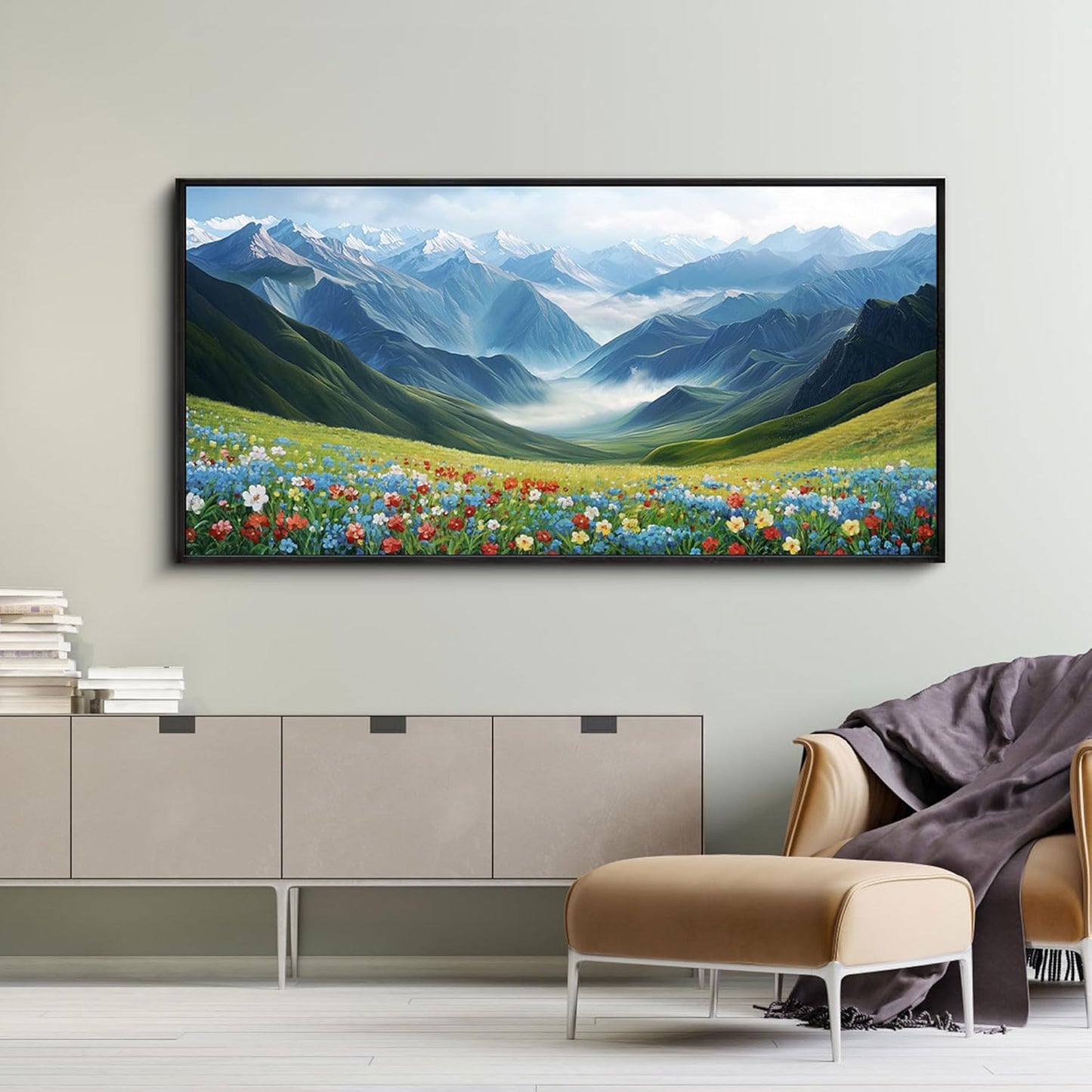 KLAKLA Mountain Wall Art - Large Landscape Living Room Wall Decor Rustic Wild Daisies Misty Forest Snowy Mountains Canvas Picture Framed Artwork for Walls - 48x24 Inches