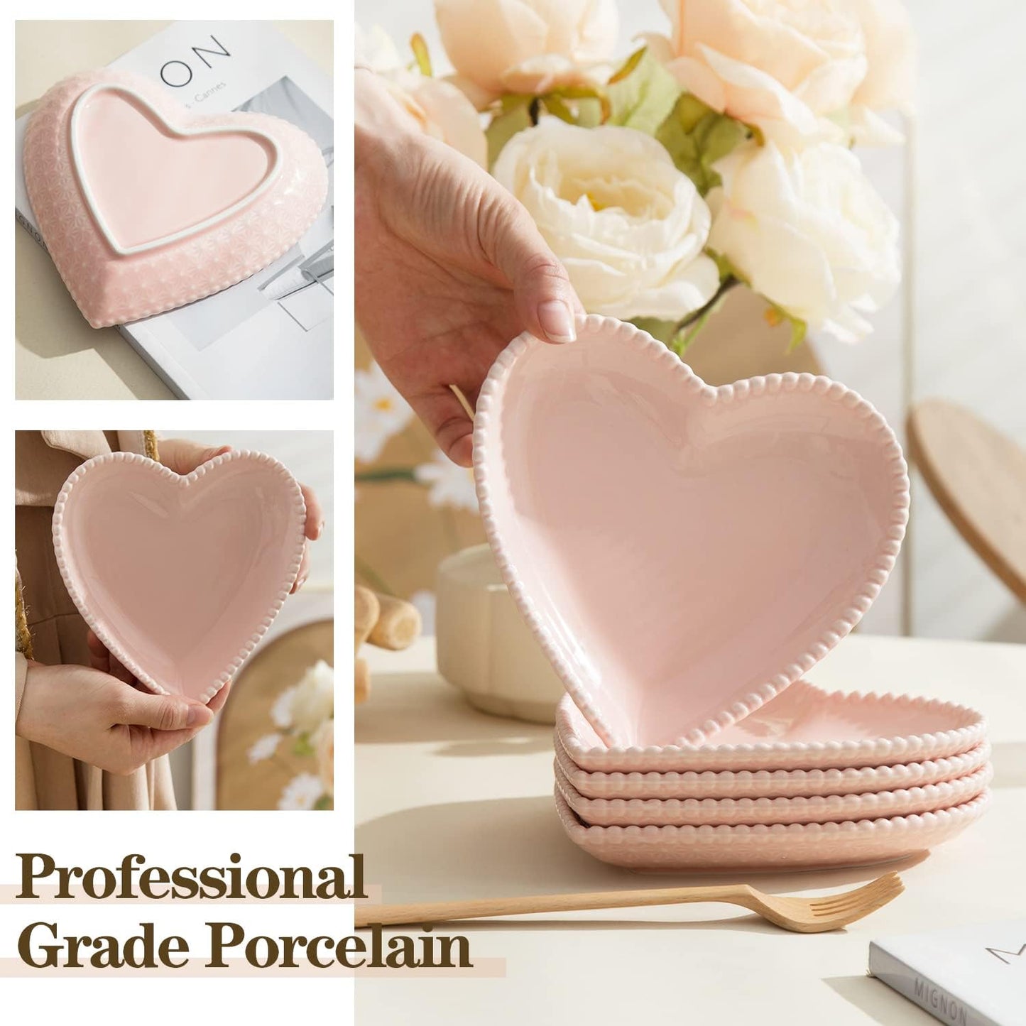 6.3 Inch Porcelain Appetizer Plates Set of 10, Heart Shape Small Dinner Plates, Dessert Salad Plates Serving Dishes for Cake, Snack, Ice Cream, Waffles, Microwave, Oven, Dishwasher Safe, Pink