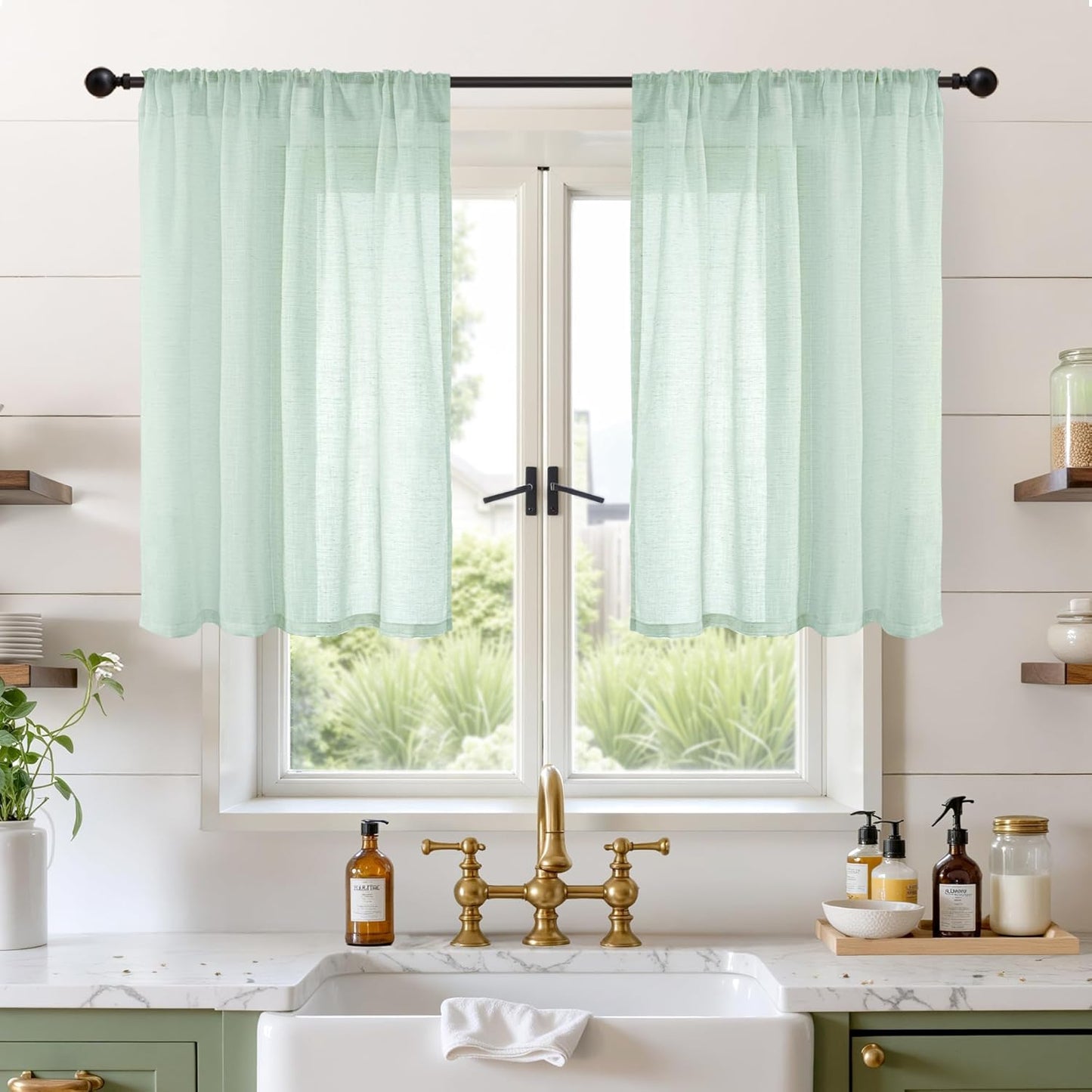 BGment Sage Green Linen Curtains 36 Inch Length for Short Window - Small Drapes Light Filtering for Cafe Bedroom Decorative Lightweight Natural Rustic Rod Pocket, 2 Panels Set, 42 X 36 Inch