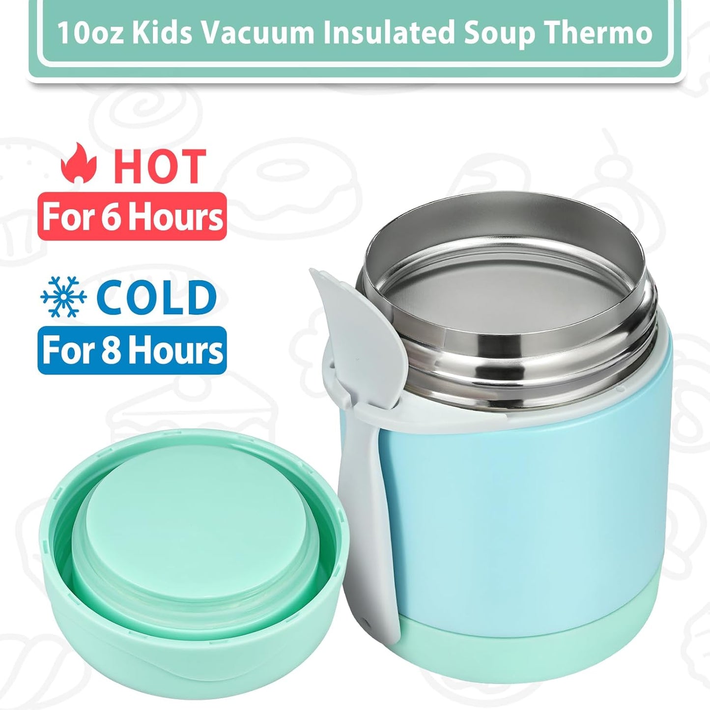10oz Soup Thermo for Hot Food Kids,Lunch Thermo Kids Food Jar with Spoon Hot Insulated Food Containers,Leak Proof Stainless Steel Wide Mouth Lunch Food Thermo Jar for School(Mint-Green)