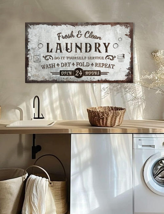 IPIC - Rustic Laundry Sign Wash Dry Fold Repeat, Canvas Print Wall Art for Family Laundry Room, Farmhouse Style Wall Decor For Home Decoration