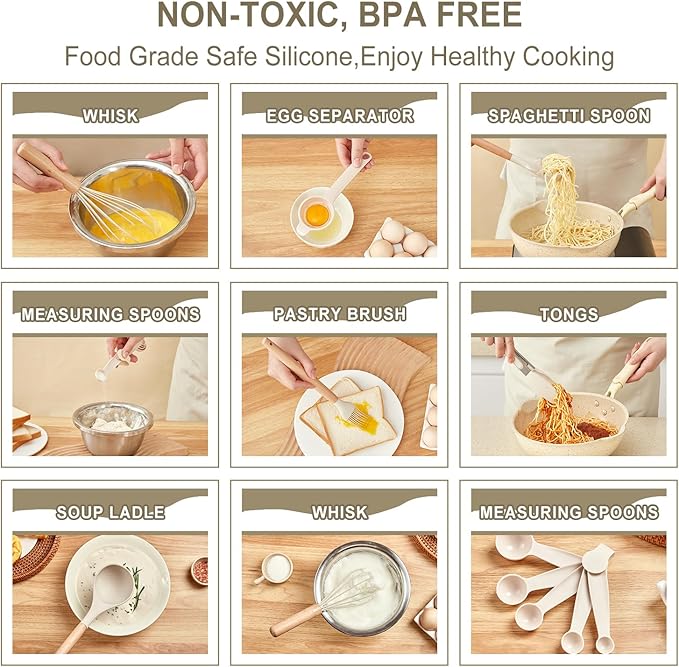 Kitchen Utensils Set - 34 PCS Non-Stick Silicone Cooking Utensils Set with Wooden Handle,Kitchen Gadgets Tools Set for Nonstick Cookware (Cream White-34P)