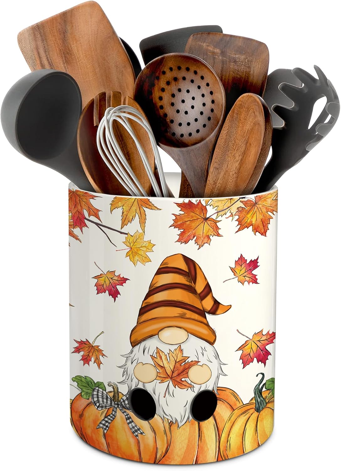 pinata Fall Thanksgiving Kitchen Decor Ceramic Utensil Holder, Farmhouse Fall Gnome Pumpkin Utensils Holder, Ceramic Utensils Crock for Rustic Indoor Kitchen Decorations(6.3 Inches)