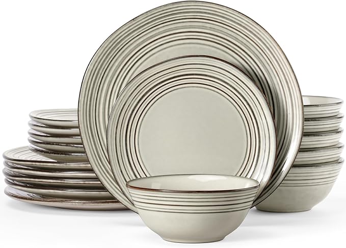 Famiware Plates and Bowls Sets 18-Piece Stoneware Dinnerware Sets, Dishes Set for 6, Hand-made Reactive Glaze Dish Set, Twilight Series, Terre-verte