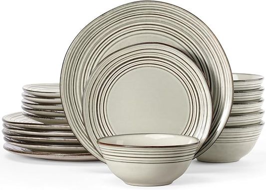 Famiware Plates and Bowls Sets 18-Piece Stoneware Dinnerware Sets, Dishes Set for 6, Hand-made Reactive Glaze Dish Set, Twilight Series, Terre-verte