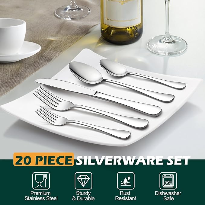 LIANYU 20 Piece Silverware Flatware Cutlery Set, Stainless Steel Utensils Service for 4, Include Knife Fork Spoon, Mirror Polished, Dishwasher Safe