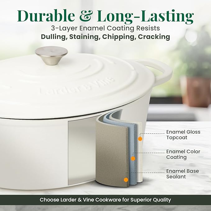 Larder & Vine Enameled Cast Iron 8 qt Dutch Oven Pot with Lid | Bread Baking | Compatible on All Cooktops & Oven Safe to 500° F | Great for Sourdough Bread | White