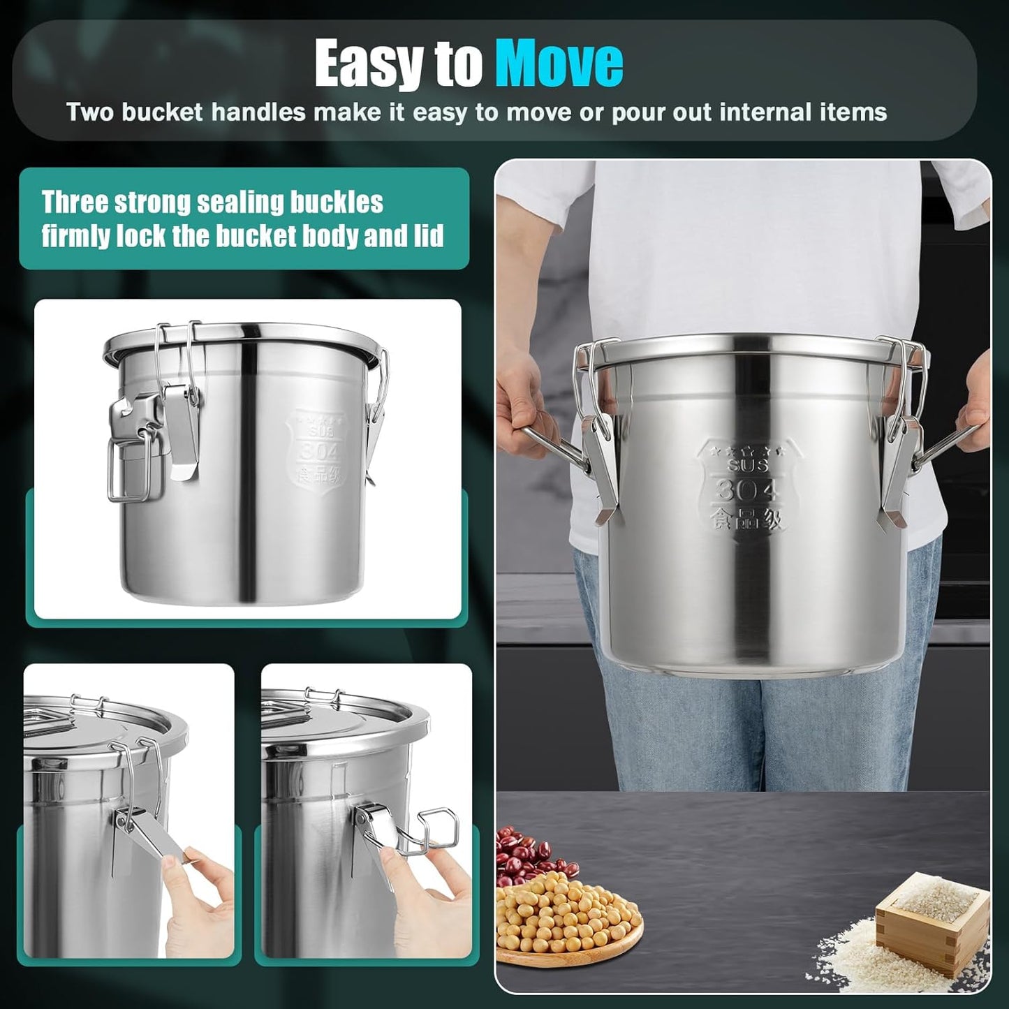12L Stainless Steel Storage Bucket, Food Storage Containers With Lids and Sturdy Locking Clamp, 10-21lbs Metal Storage Bucket for Rice, Flour, Grain, Coffee Bean(12L)