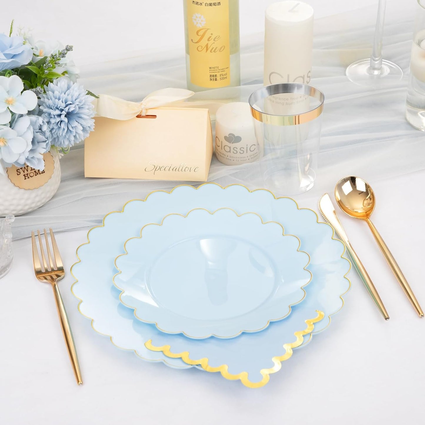 LIYH 210 Pcs Light Blue Plastic Dinnerware Set - Baby Blue Plastic Plates Napkins with Gold Foil Include Bridal Shower Plates Disposable Gold Silverware Napkins Cups for Birthday 30 Guests