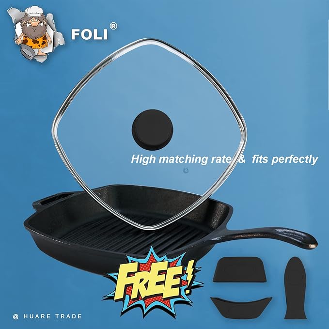 FOLI Square Glass Lid for Grill Pans with Steam Vent Hole - Fits Lodge Cast Iron Skillets 10.5inch/26.67cm Silicone Potholder- Square Tempered Glass Lid - Universal Replacement Cover Silicone Knob