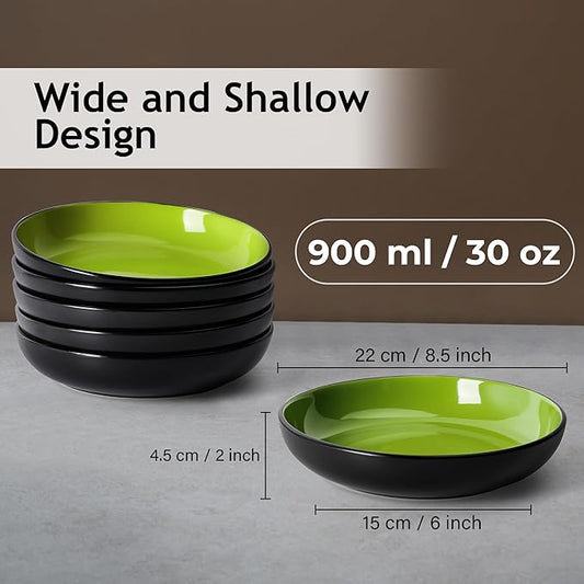 MIAMIO – 30 Oz / 8.6 Inch Set of 6 Pasta Bowls/Salad Bowls, Pasta Plates Wide and Shallow Bowl, Large Ceramic Stoneware Deep Plate Serving Soup - Le Papillon Collection (Green)