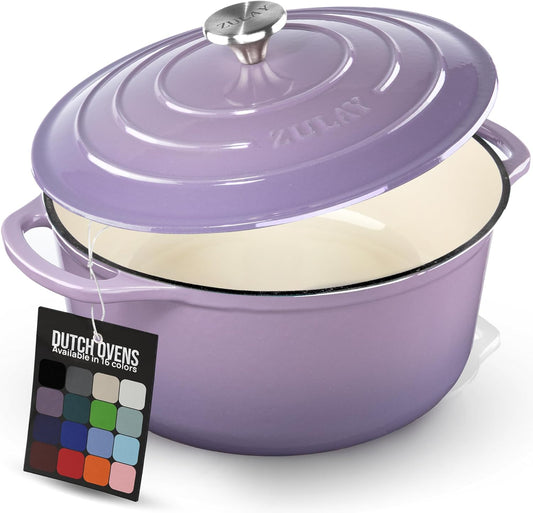 Zulay Kitchen 6 Quart Enameled Cast Iron Dutch Oven Pot with Lid – Premium Durability & Oven Safe up to 500°F – Heavy Duty Cookware Perfect for Bread Baking, Stews, Braising & Roasting – Lavender Jade