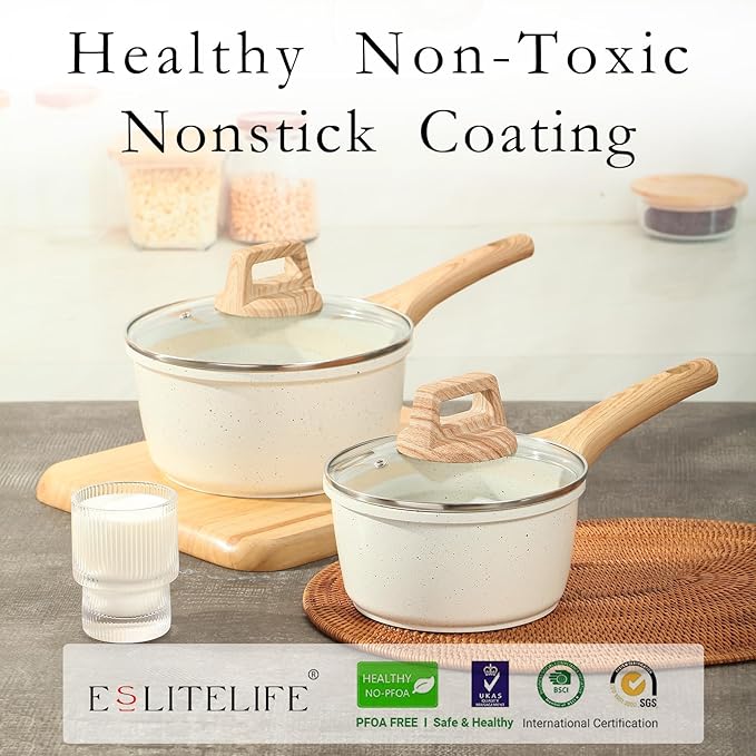 ESLITE LIFE 1.5 QT & 2.5 QT Sauce Pan Set with Lids, Nonstick Small Soup Pot Compatible with All Stovetops (Gas, Electric & Induction), PFOA Free, White