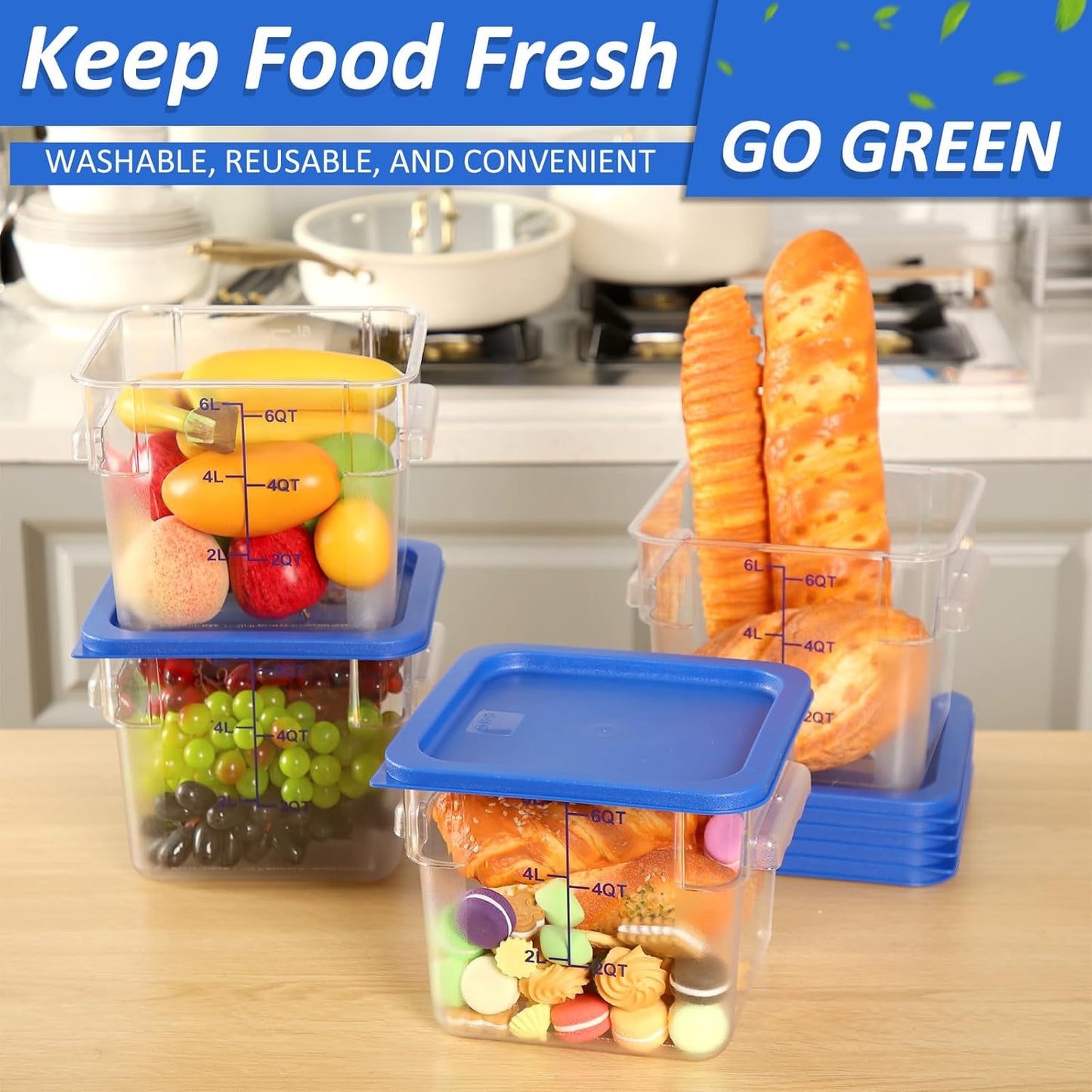 Yungyan 12 Pcs 4 Qt Commercial Food Storage Containers with Lids Restaurant Square Airtight Food Storage Containers Clear Cereal Containers for Kitchen Freezer Dishwasher Pantry(Blue Lid)