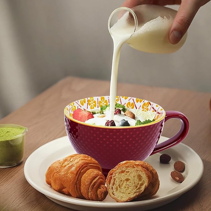 Topadorn Ceramic Coffee Mugs with Handle Set of 2, Hand-Painted Floral Pattern Ceramic Soup Mugs for Salad, Cappuccino, Cereal, Latte, Tea, Cocoa, Breakfast Oatmeal Cups(Blue & Red)