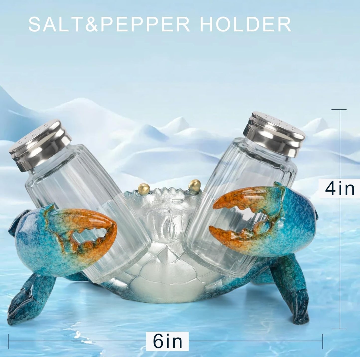 Decorative Blue Crab Salt and Pepper Shaker Holder, Coastal Kitchen Decor (Crab)