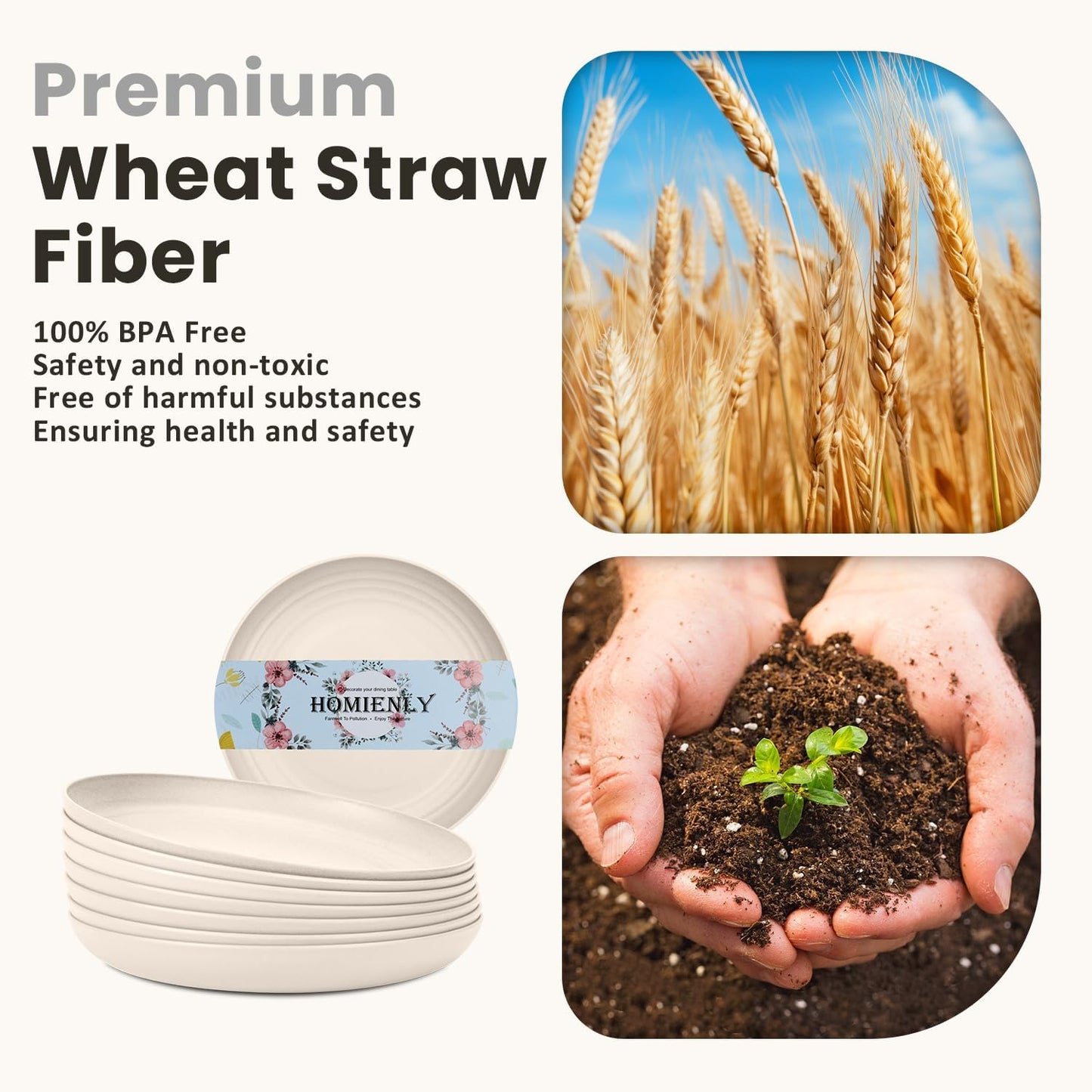 Homienly Plastic Dinner Plates, Wheat Straw Plates 11 Inch, Lightweight Unbreakable Plates Set of 8, Microwave Safe Plates, Deep Plates for Dinner - Beige