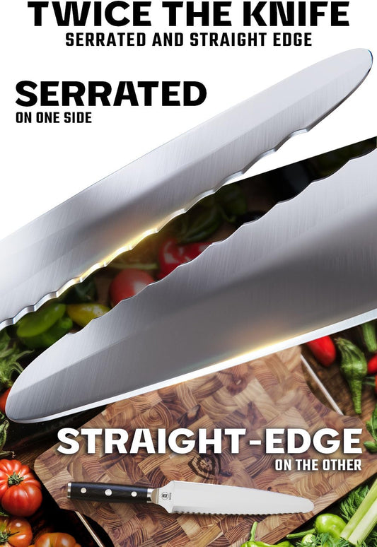 Dalstrong Dual Chef Knife - 8 inch - Gladiator Series Elite - Straight+Serrated Edge - Forged High Carbon Steel Sharp Kitchen Knife - Full Tang Knife Gift- Black G10 Handle - Sheath - NSF Certified