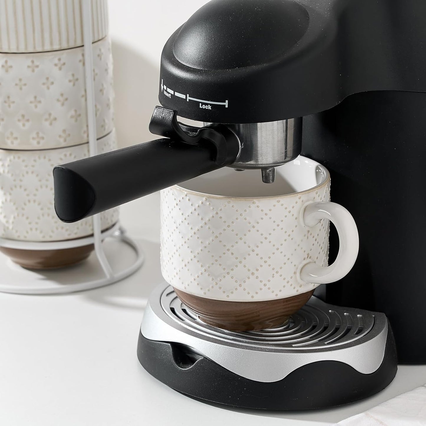 Large Ceramic Coffee Mug Set of 4 with Stand, 15 Oz Stackable Different Embossment Ribbed Latte Cup Set for Cappuccino, Tea, Hot Cocoa, Drinks - Dishwasher & Microwave Safe, Off White