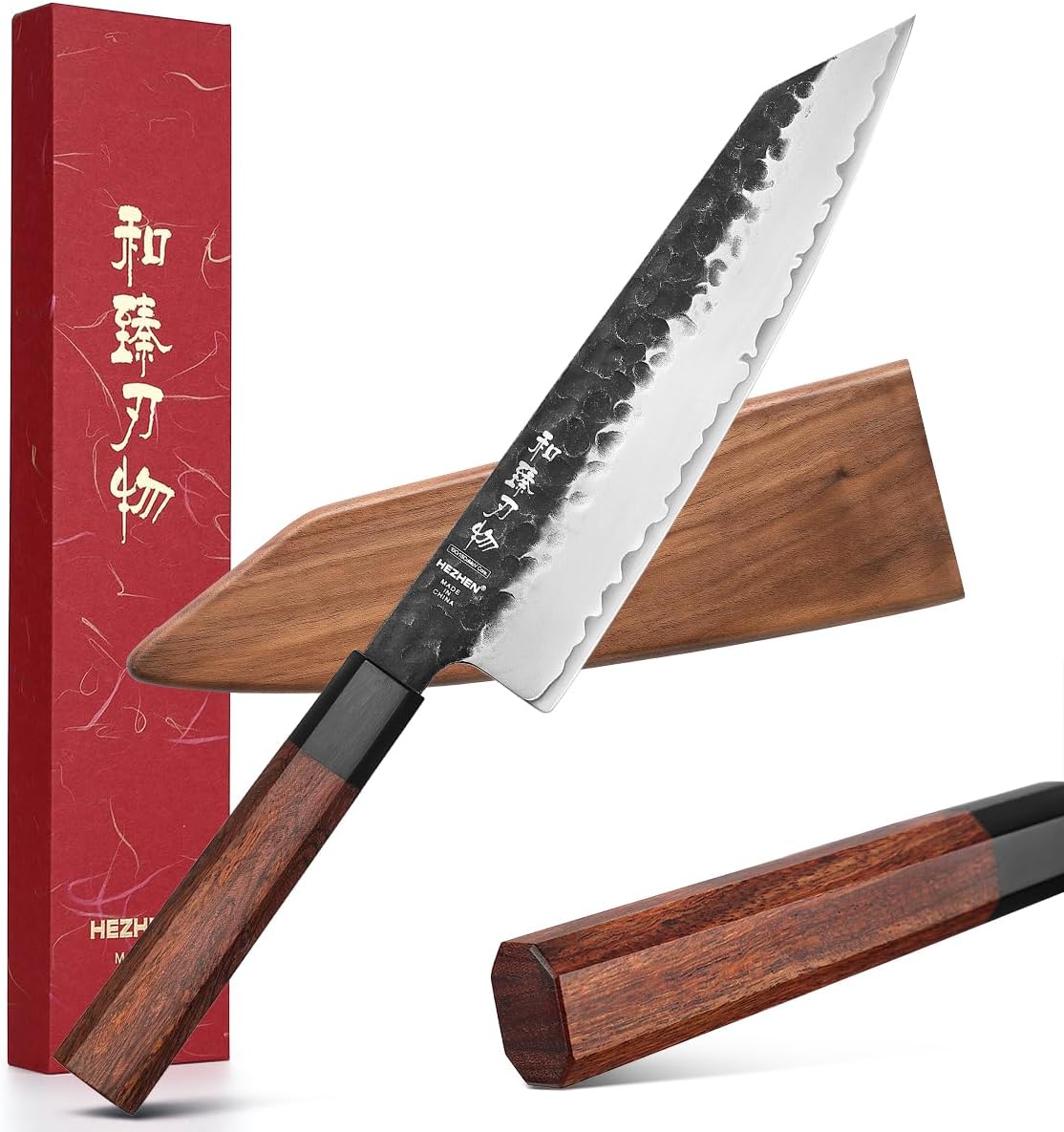 HEZHEN- 8.5” Chef Knife, 3 Layers High Carbon Clad Steel Kiritsuke Knife, Composite Forging Steel, Professional Japanese Kitchen Knife, Redwood Octagonal Handle With Wooden Knife Sheath