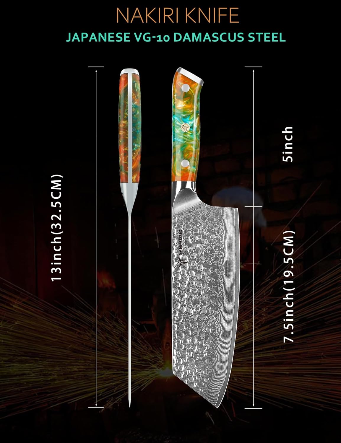 7.5" Nakiri Knife - Kitchen Vegetable Cleaver - Japanese Usuba Knife - Hammered Damascus Steel & Resin Handle - YAO Series