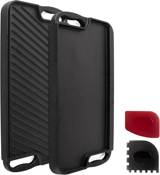 Cuisinel Cast Iron Griddle/Grill + Scraper/Cleaner - Reversible Pre-Seasoned 20" X 10"-inch Dual Handle Flat Skillet and Griller Pan + Cleaning Accessories - Use Indoor/Outdoor Stove Top Burner, Gas