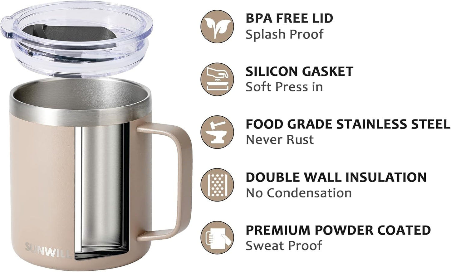 SUNWILL Travel Coffee Mug with Lid, Insulated Tumbler with Handle, 14oz Stainless Steel Cup for Camping, Office, Home, Powder Coated Taupe