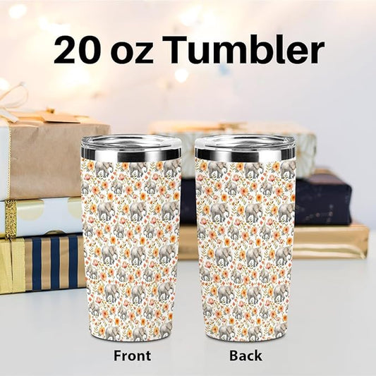 Cute Elephants Tumbler, Elephant Decor 20 oz Stainless Steel Coffee Mug，Travel Cup，Insulated Cup with Lid for Car, Elephant Gifts for Women Girls Animal Lovers Birthday Christmas Thanksgiving