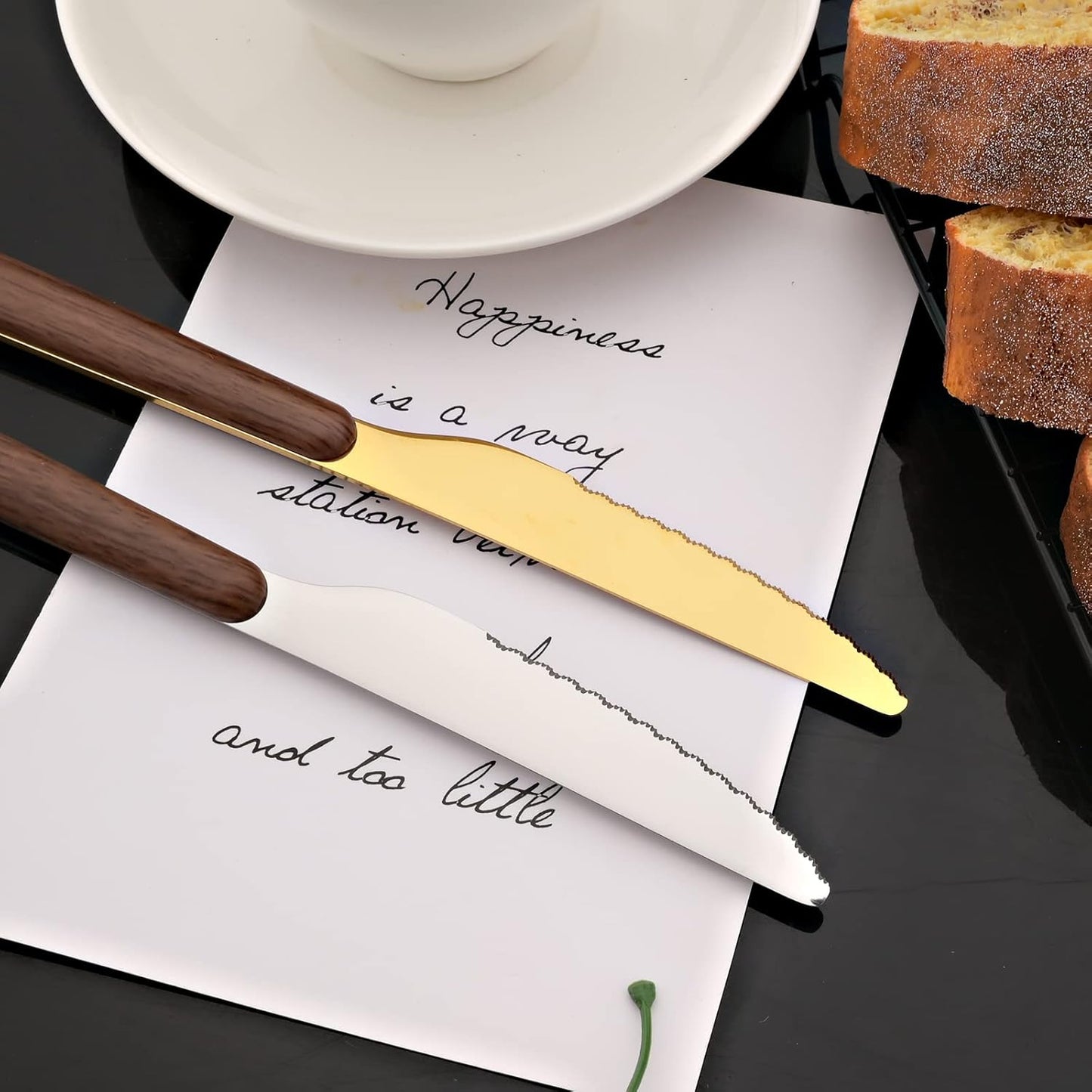 JASHII Wood Handle Flatware Set, 20 Pieces Stainless Steel Silverware Cutlery Set, Mirror Polished, Round Knife Fork Spoon Set, Dishwasher Safe - Round Head Gold