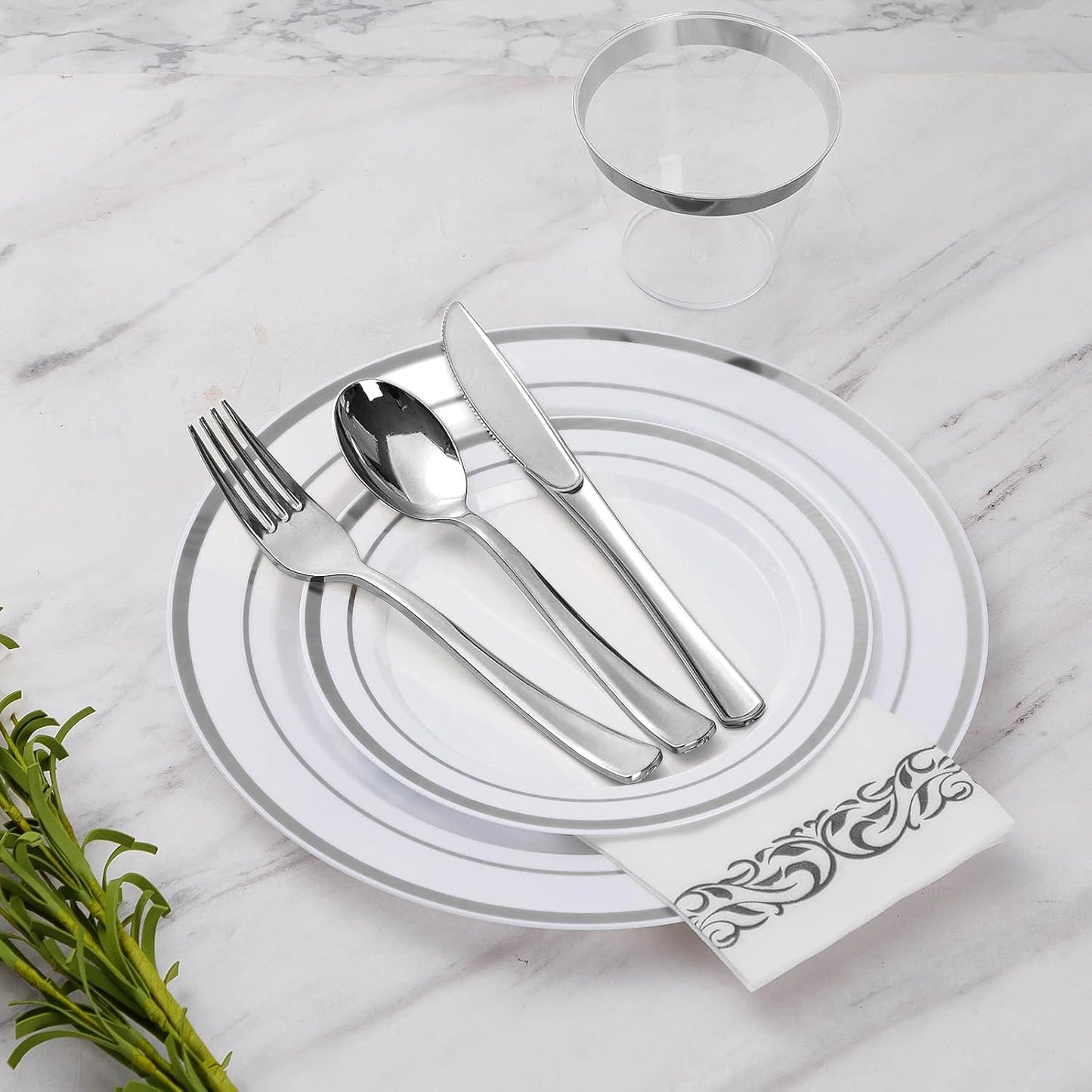 Goodluck 175 Piece Silver Dinnerware Set for 25 Guests, Plastic Disposable Plates for Party, Includes Dinner and Dessert Plates, Paper Napkins, Cups, Silverware Set