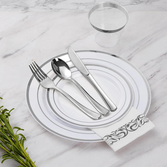Goodluck 175 Piece Silver Dinnerware Set for 25 Guests, Plastic Disposable Plates for Party, Includes Dinner and Dessert Plates, Paper Napkins, Cups, Silverware Set