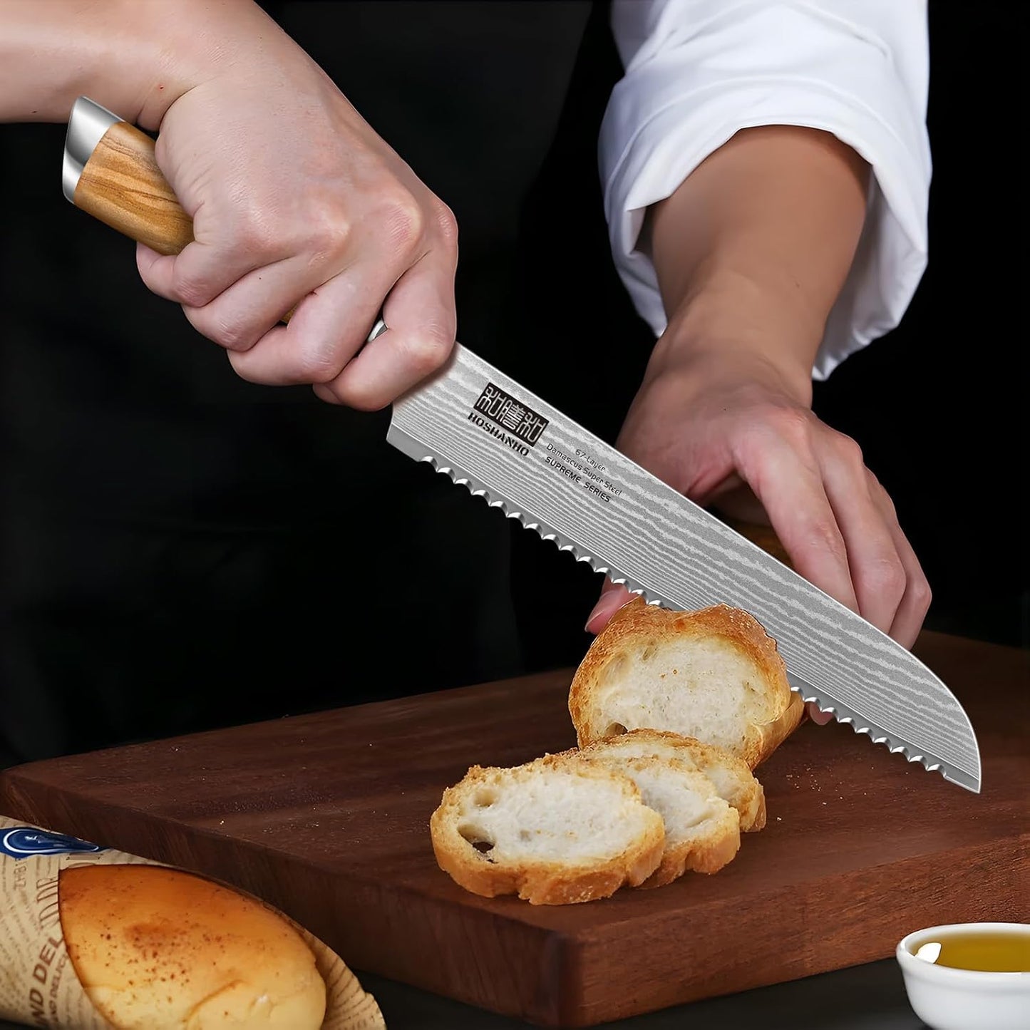 HOSHANHO Bread Knife 8 Inch, Damascus Steel Bread Kitchen Knife with Ergonomic Olive Wood Handle, Professional Ultra-Sharp Serrated Knife for Homemade Bread, Sourdough Bread Cutting