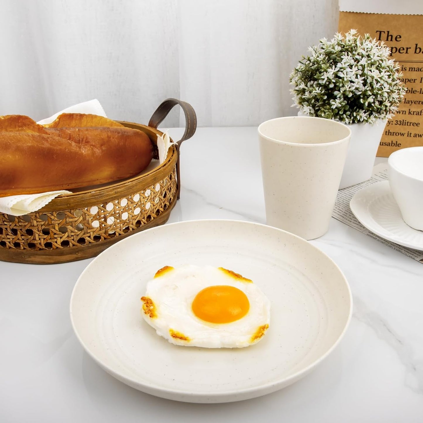 Rubtlamp 24 Pcs Wheat Straw Dinnerware Sets, Unbreakable Reusable Plastic Wheat Straw Bowls & Plates Dinner Set, Microwave And Dishwasher Safe Plates, 12Plates, 6Bowls, 6Cups for Party(Beige)