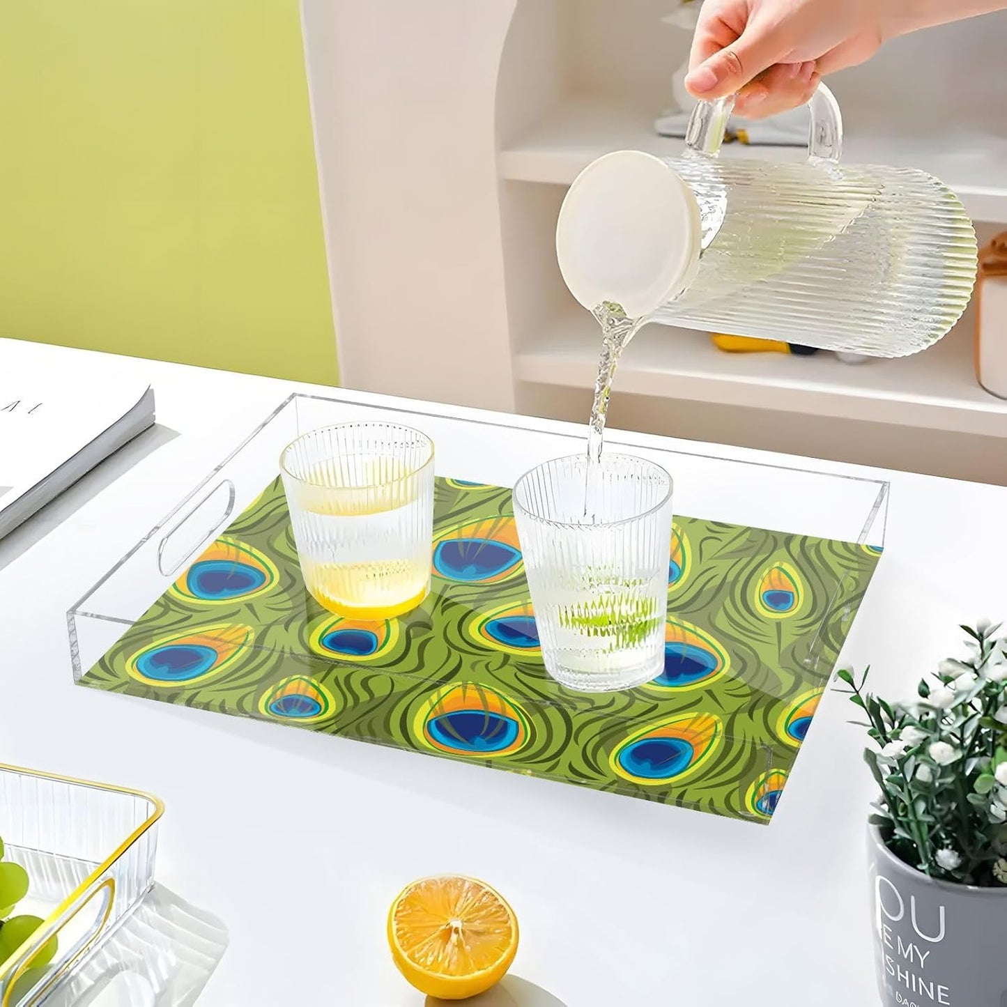 Acrylic Serving Tray with Handles Spill Proof Kitchen Storage Tray Clear Decorative Tray Makeup Drawer Organizer Storage Tray for Bathroom Living Room Ottoman 15.7x11.8Inches