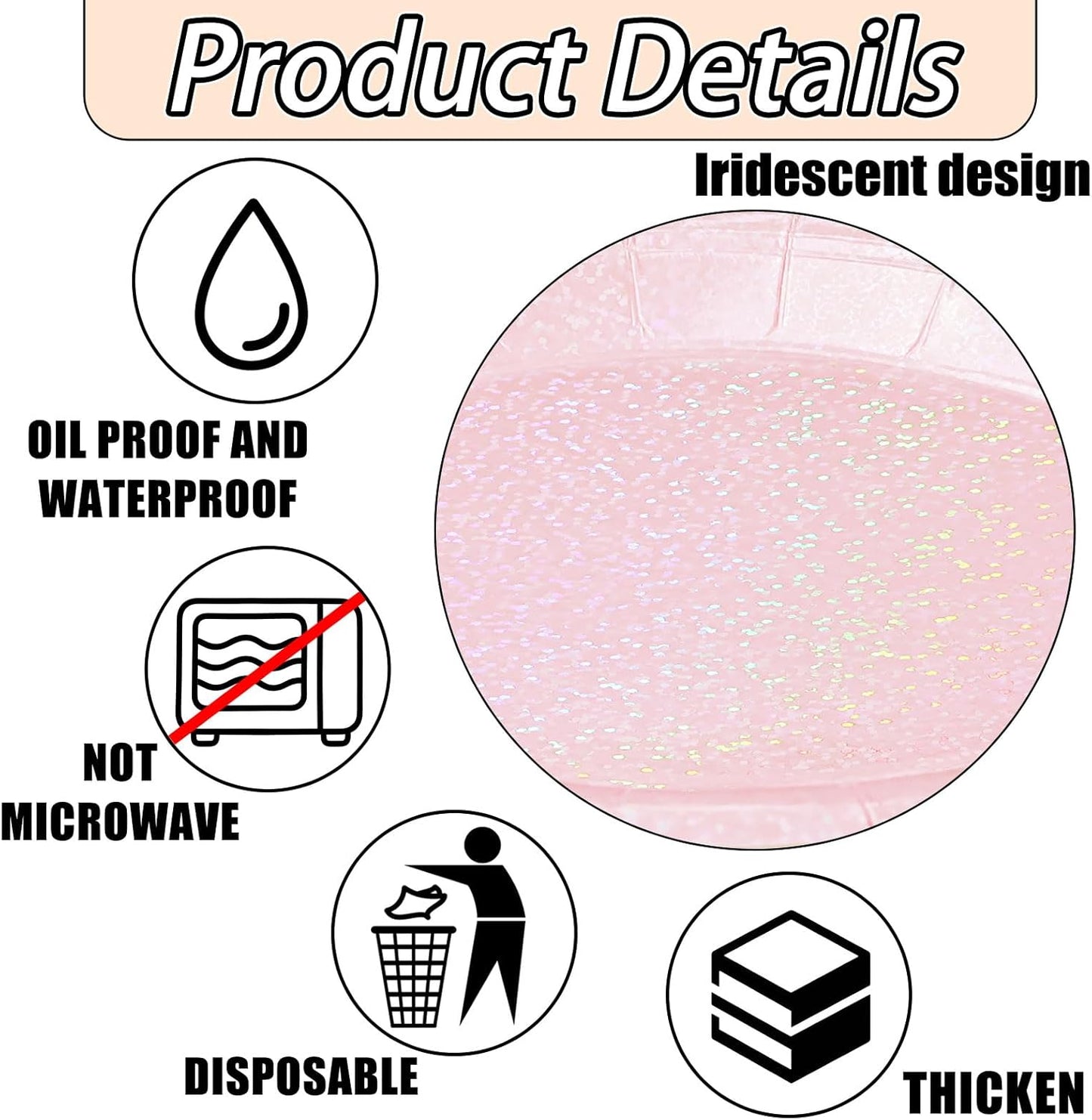 50 Pcs Iridescent Light Pink Paper Plates 25 × 7'' and 25 × 9'' Disposable Pink Shiny Holographic Foil Dinner Plates for Wedding Baby Shower Birthday Disco Party Glitter Dessert Plate